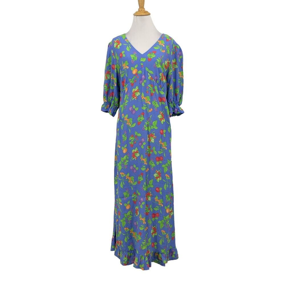 Nobody's Child Dress Womens 8 Blue Fruit Print Puff Sleeves Ruffle Delilah Midi